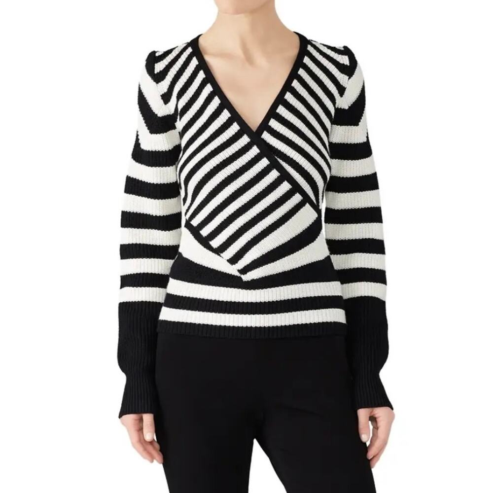 Tome Black White Striped Merino Wool Long Sleeve Crossover Wrap Sweater Size 16